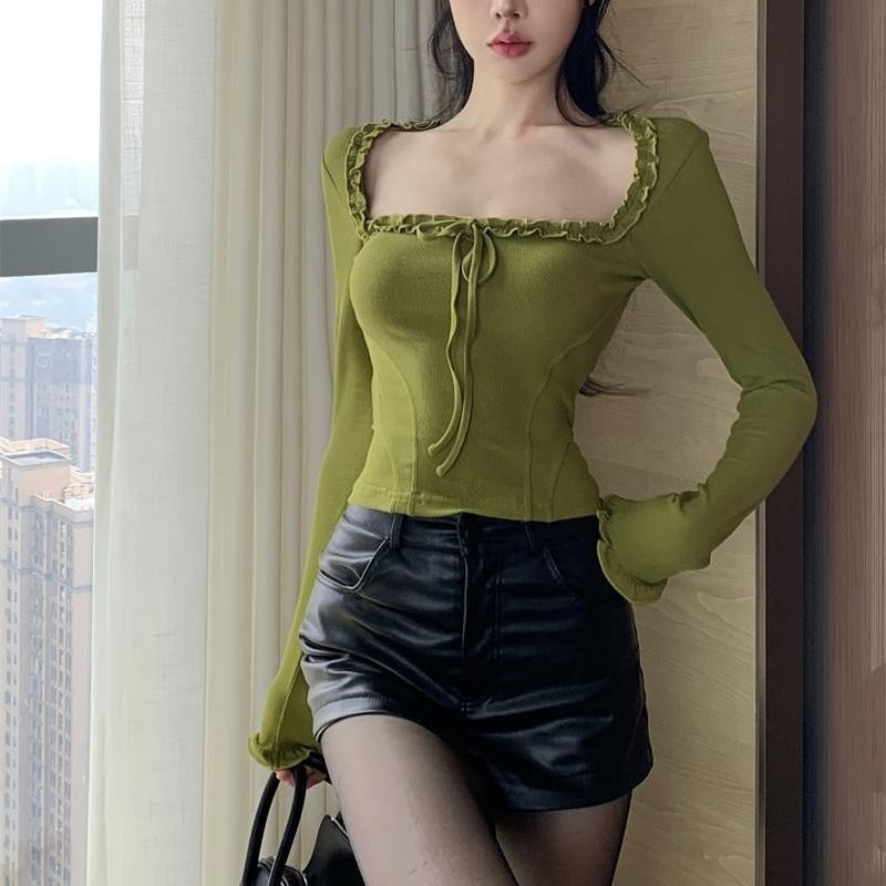 Fashion Retro Low-cut Lace-up Wooden Ear Square Collar Long Sleeve T-shirt Top