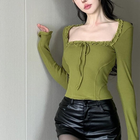 Fashion Retro Low-cut Lace-up Wooden Ear Square Collar Long Sleeve T-shirt Top