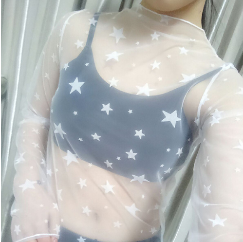 Sexy Mesh Tops Harajuku See Through T Shirt Hollow Out Transparent Long Sleeve Undershirt Dot Base Net Tops Club Heart Star