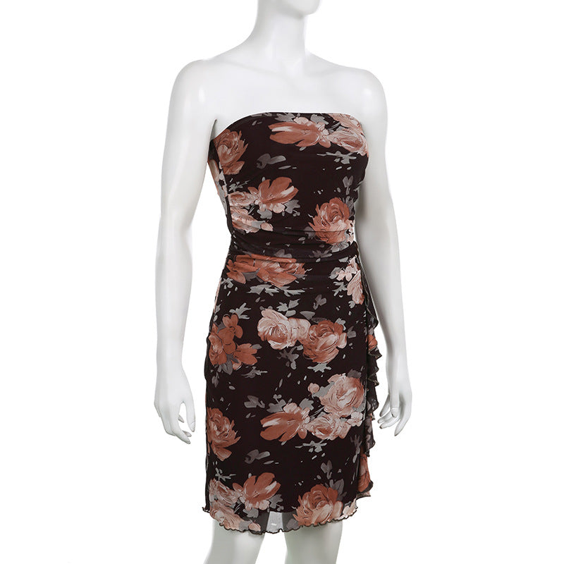 Retro Sexy Rose Print Dress European And American Backless Tight