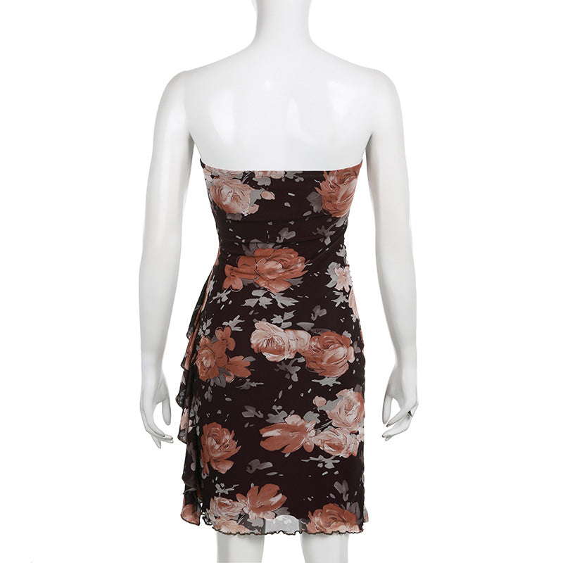 Retro Sexy Rose Print Dress European And American Backless Tight