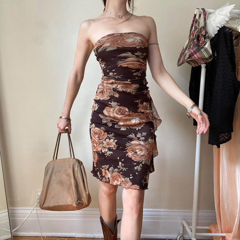 Retro Sexy Rose Print Dress European And American Backless Tight