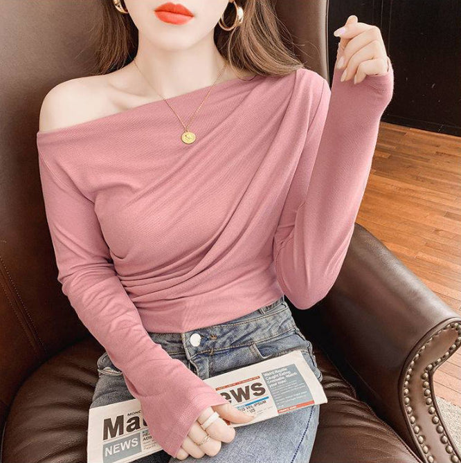 Pleated Collarbone Off-shoulder Shoulder-baring Top Slimming Inspirational Bottoming Shirt