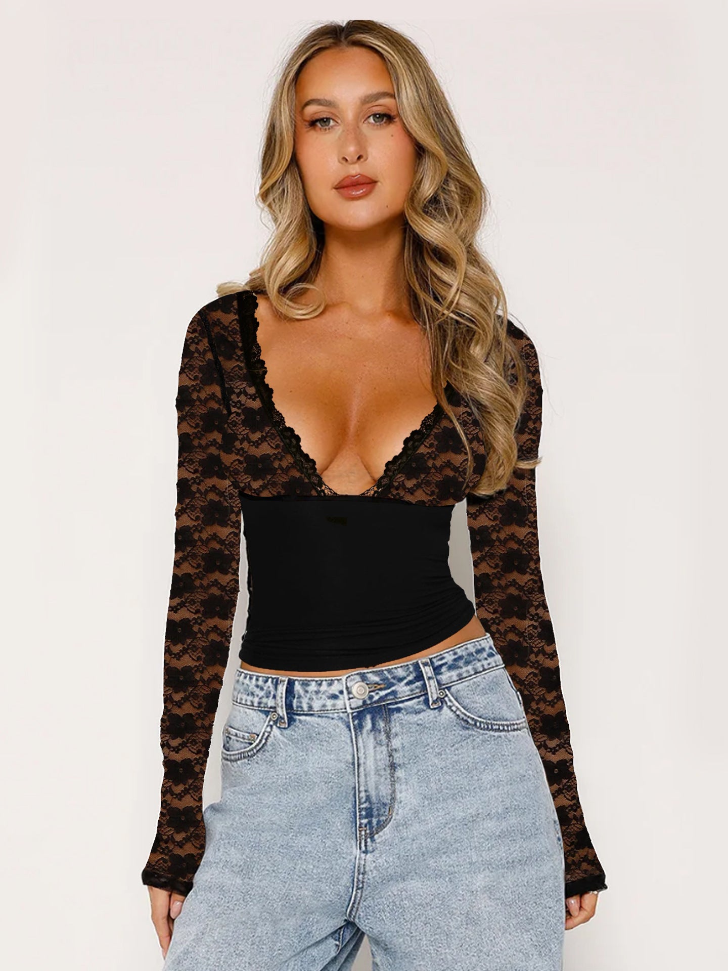 V-neck Stitching Lace Long Sleeve Sexy Base Shirt