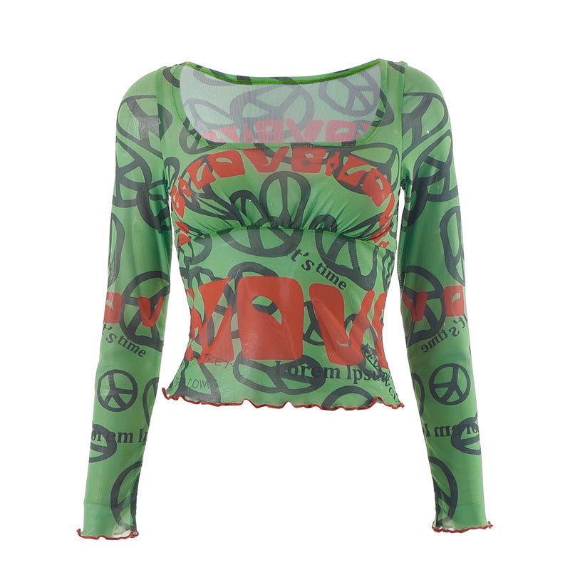 Women's Fashion Positioning Print U-neck Long-sleeved Slim-fit Tops