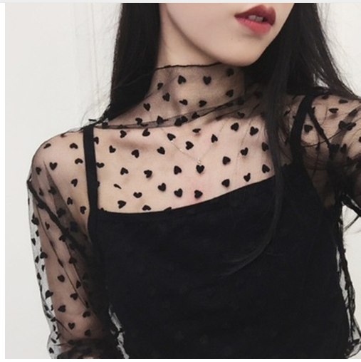 Sexy Mesh Tops Harajuku See Through T Shirt Hollow Out Transparent Long Sleeve Undershirt Dot Base Net Tops Club Heart Star