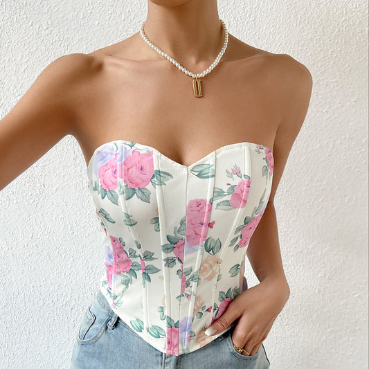 Sexy Hot Girl Low-cut Backless Flower Wrapped Chest Rhombus Fishbone Waist