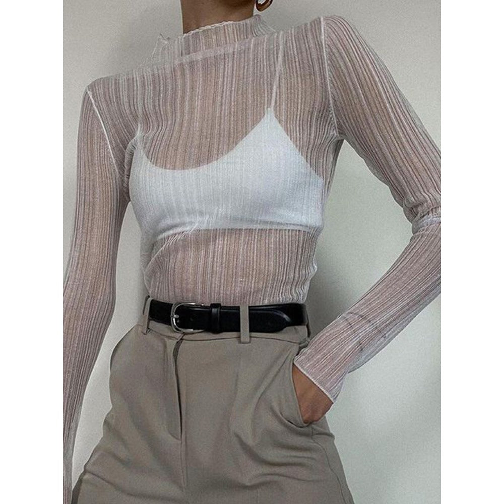 Women's Spring Clothing Long Sleeve Mesh See-through T-shirt Women's Solid Color Turtleneck Slim Top