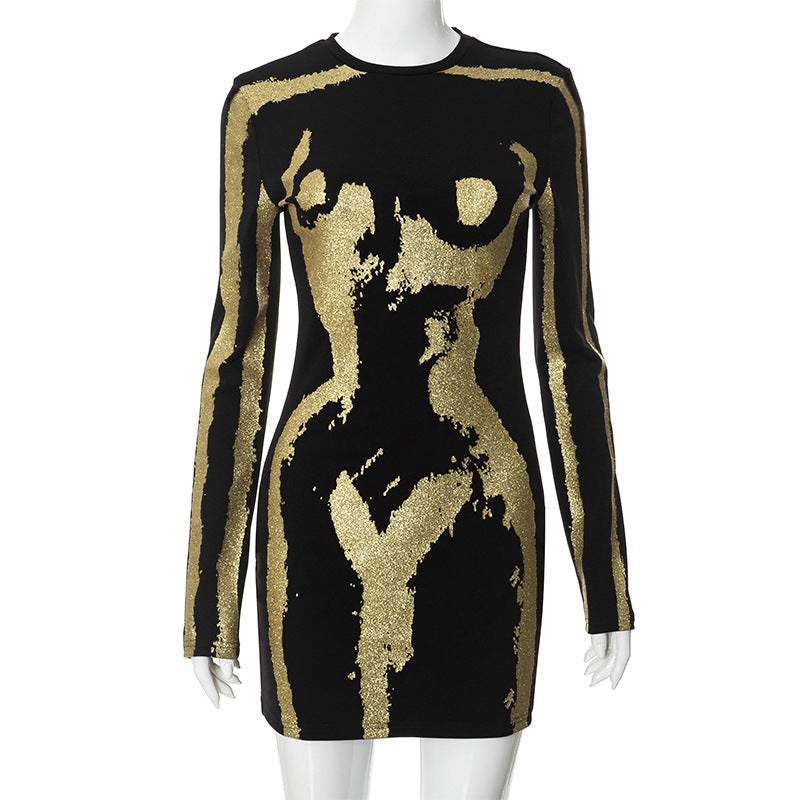 Casual Printed Gold Round Neck Long Sleeve Slim Fit Short Dress