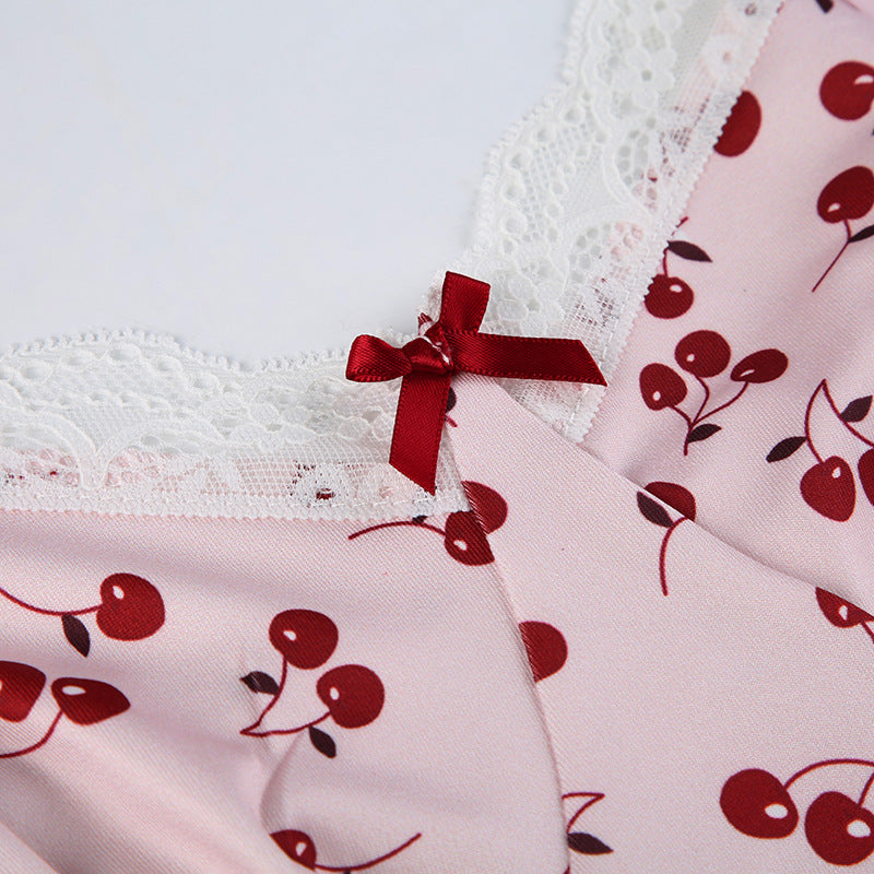 Sweet Girlish Cherry Print Lace Splicing Sling Dress