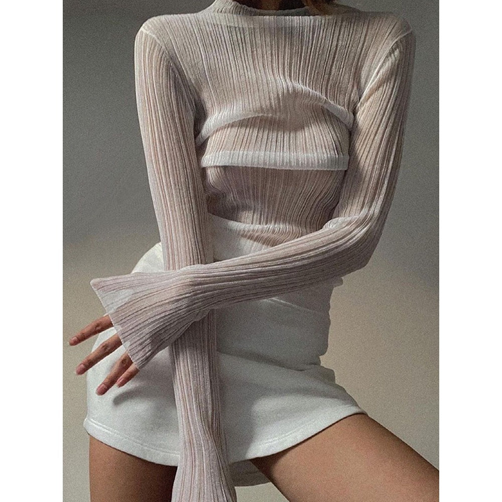 Women's Spring Clothing Long Sleeve Mesh See-through T-shirt Women's Solid Color Turtleneck Slim Top