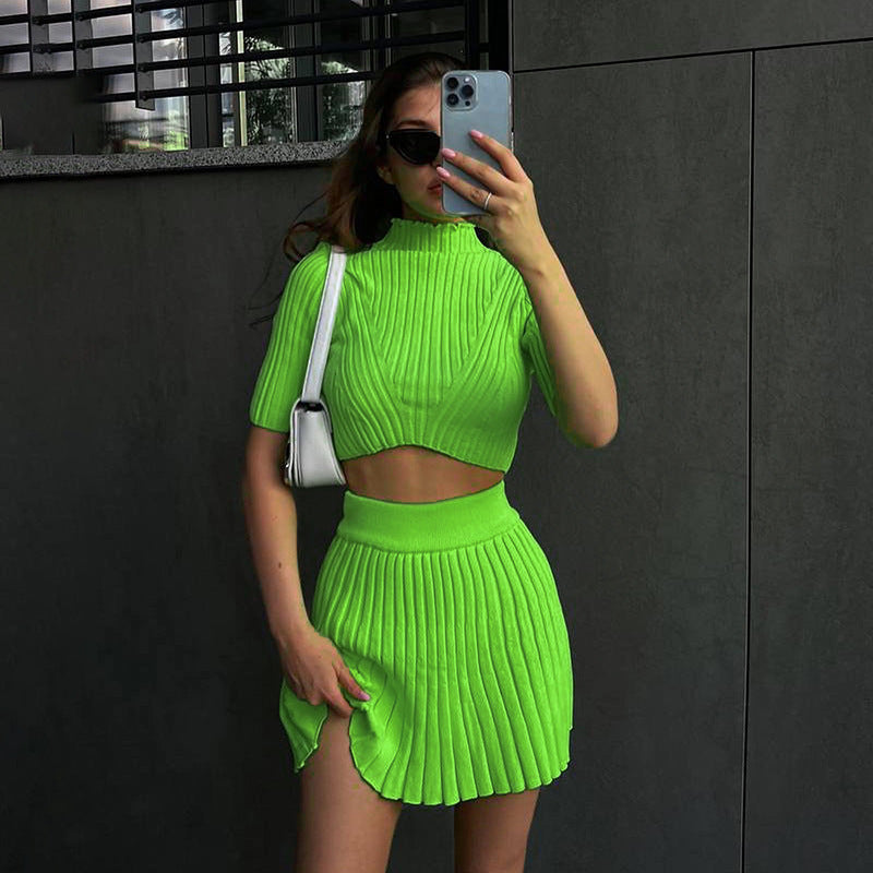 Sunken Stripe Knitted Skirt Short Sleeve Suit