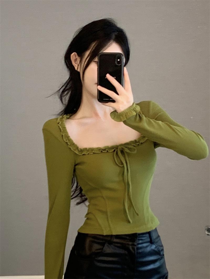 Fashion Retro Low-cut Lace-up Wooden Ear Square Collar Long Sleeve T-shirt Top