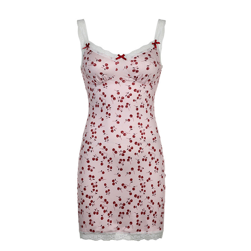 Sweet Girlish Cherry Print Lace Splicing Sling Dress