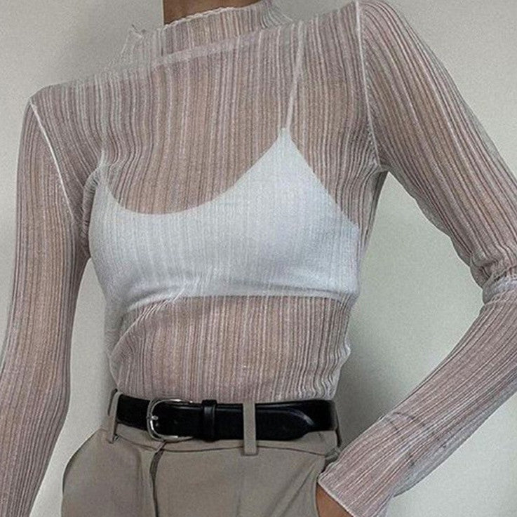 Women's Spring Clothing Long Sleeve Mesh See-through T-shirt Women's Solid Color Turtleneck Slim Top