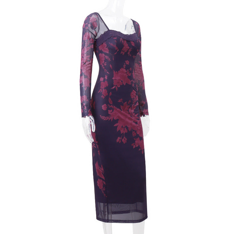 Stitching Printing Waist-tight Sheath Dress