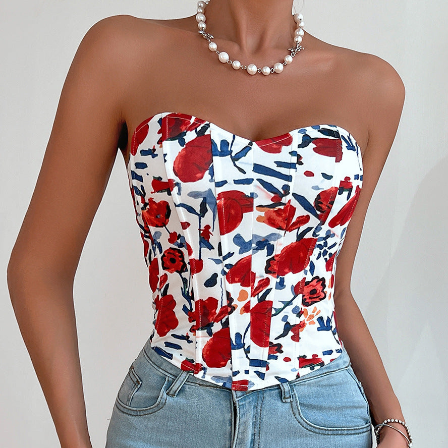 Sexy Hot Girl Low-cut Backless Flower Wrapped Chest Rhombus Fishbone Waist