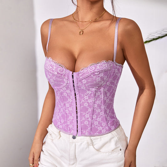 Sexy Solid Color Lace Sling Fishbone Steel Ring Wrapped Chest Breasted Vest