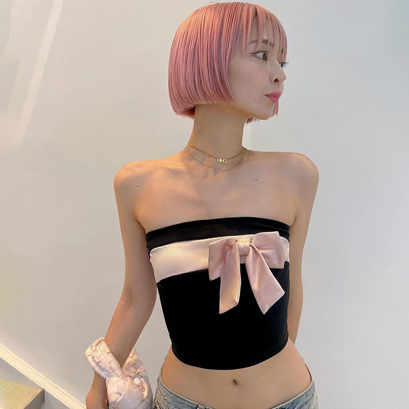 Contrast Color Navel Bow Tube Top Bottoming Top