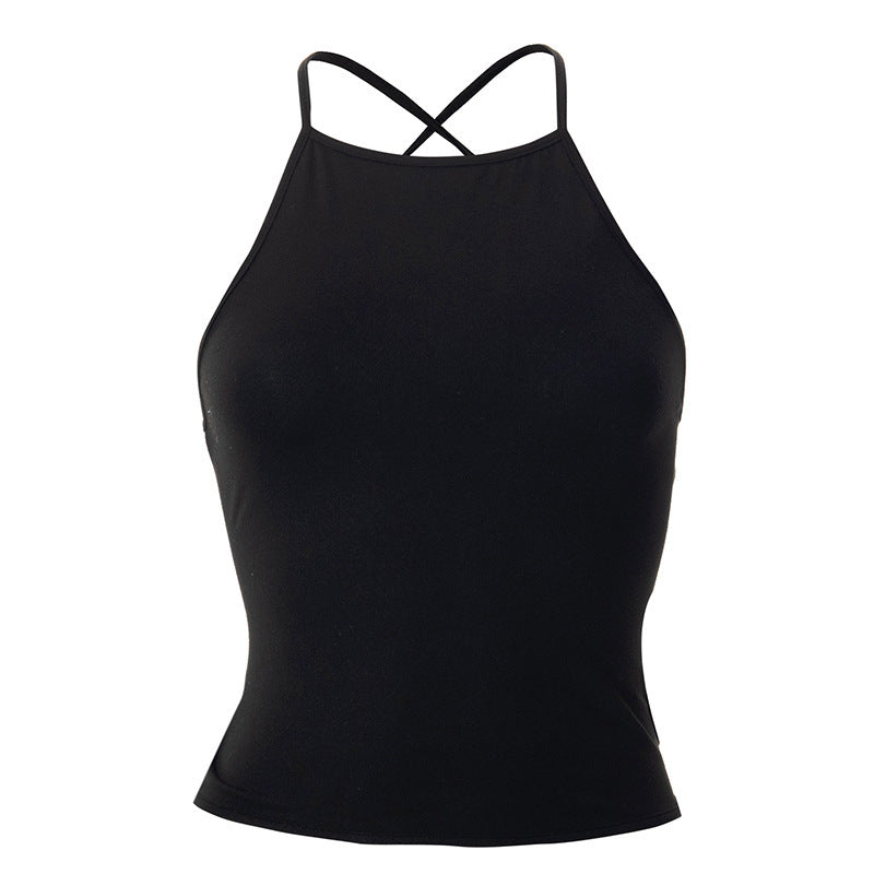 European And American Backless Cross Strap Round Collar In Black Vest T-shirt