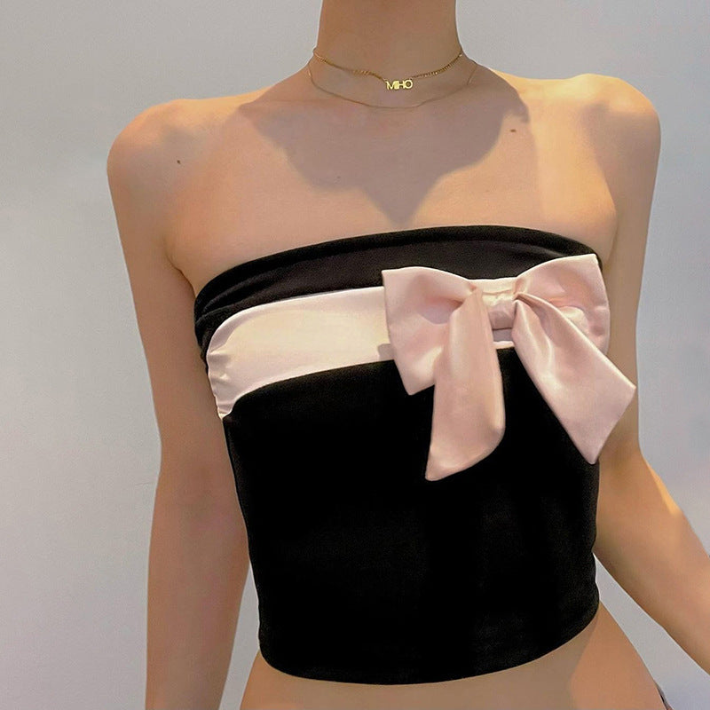 Contrast Color Navel Bow Tube Top Bottoming Top