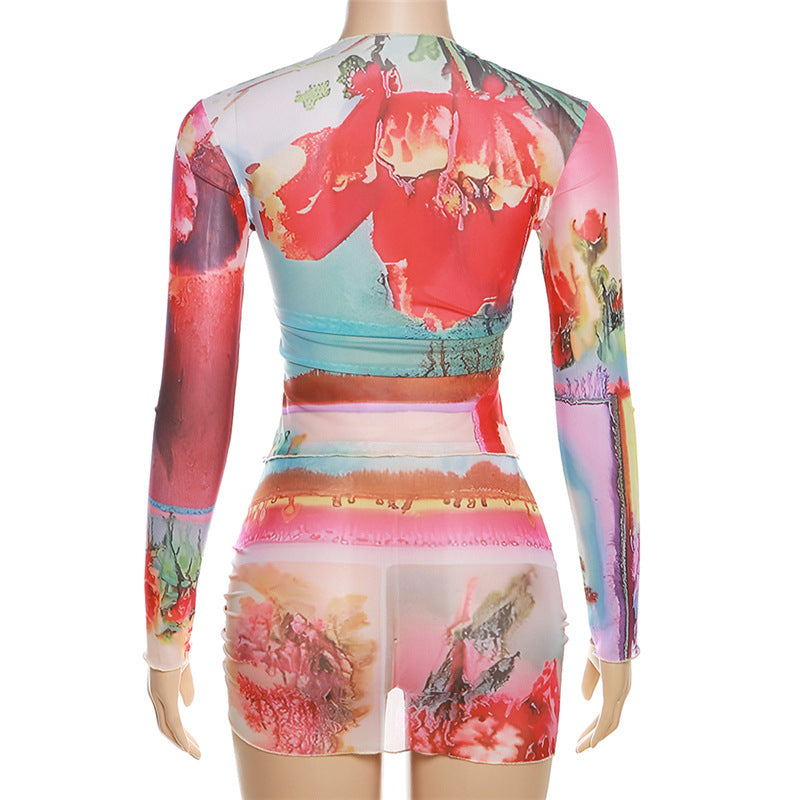 Mesh Floral Print Top High Waist Hip-wrapped Skirt Suit