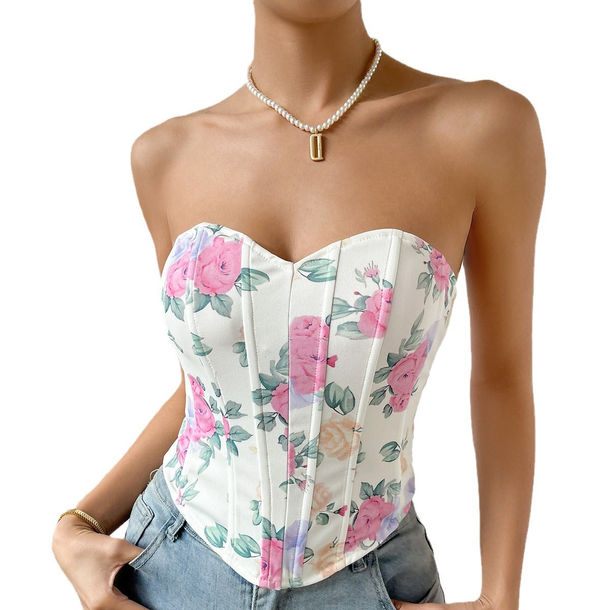 Sexy Hot Girl Low-cut Backless Flower Wrapped Chest Rhombus Fishbone Waist