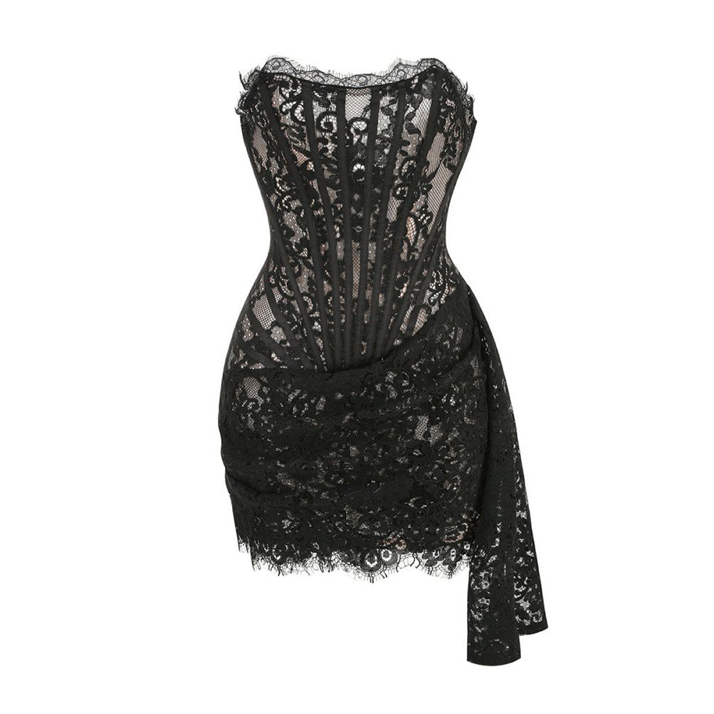 Women's Sexy Lace See-through Stitching Waist Tube Top Dress