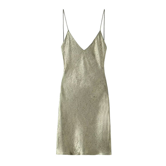 Women's Clothing French Metal Foil Backless Short Dress