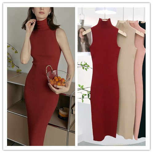 Turtleneck Pile Collar Off-shoulder Paperman Slim Fit Thin Over The Knee Vest Dress