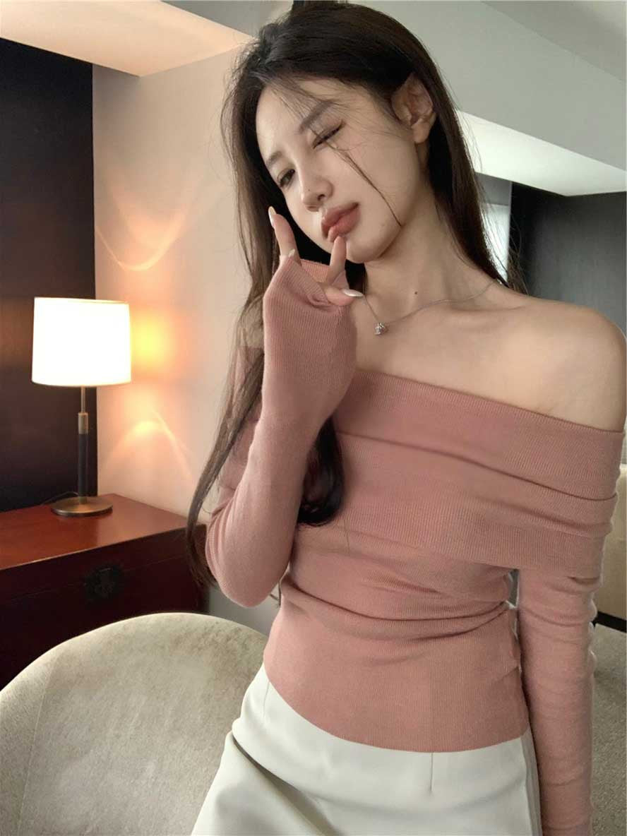 One Shoulder Soft Glutinous Knit Sweater For Women In Autumn With Long Sleeves