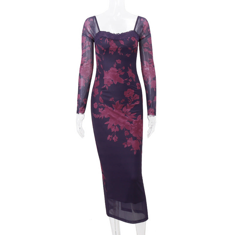 Stitching Printing Waist-tight Sheath Dress