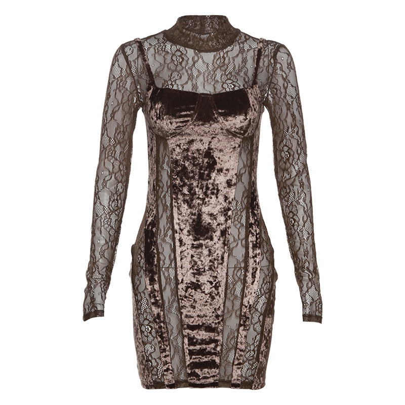 Fashion Patchwork Round Neck Long Sleeve Sexy Lace Slim Fit Dress