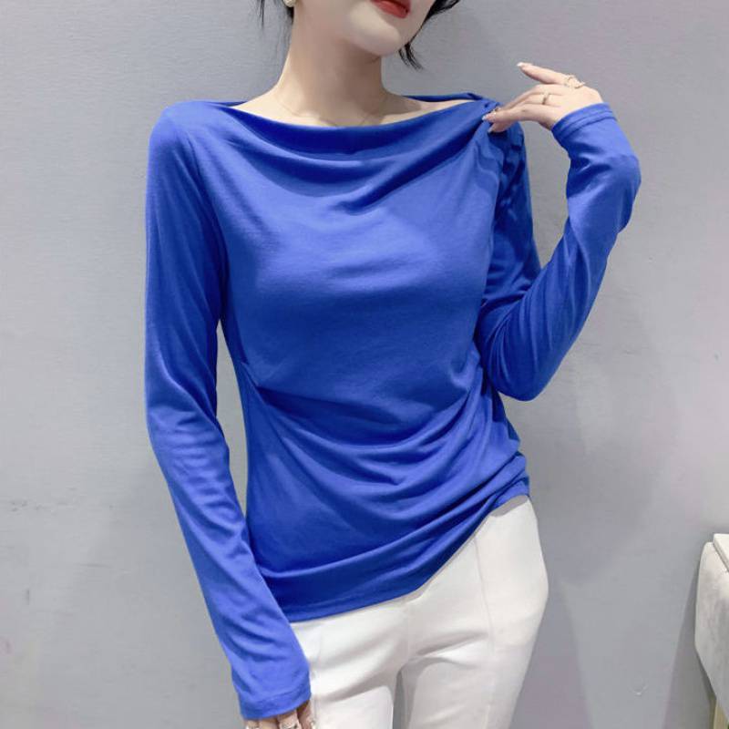 Pleated Collarbone Off-shoulder Shoulder-baring Top Slimming Inspirational Bottoming Shirt