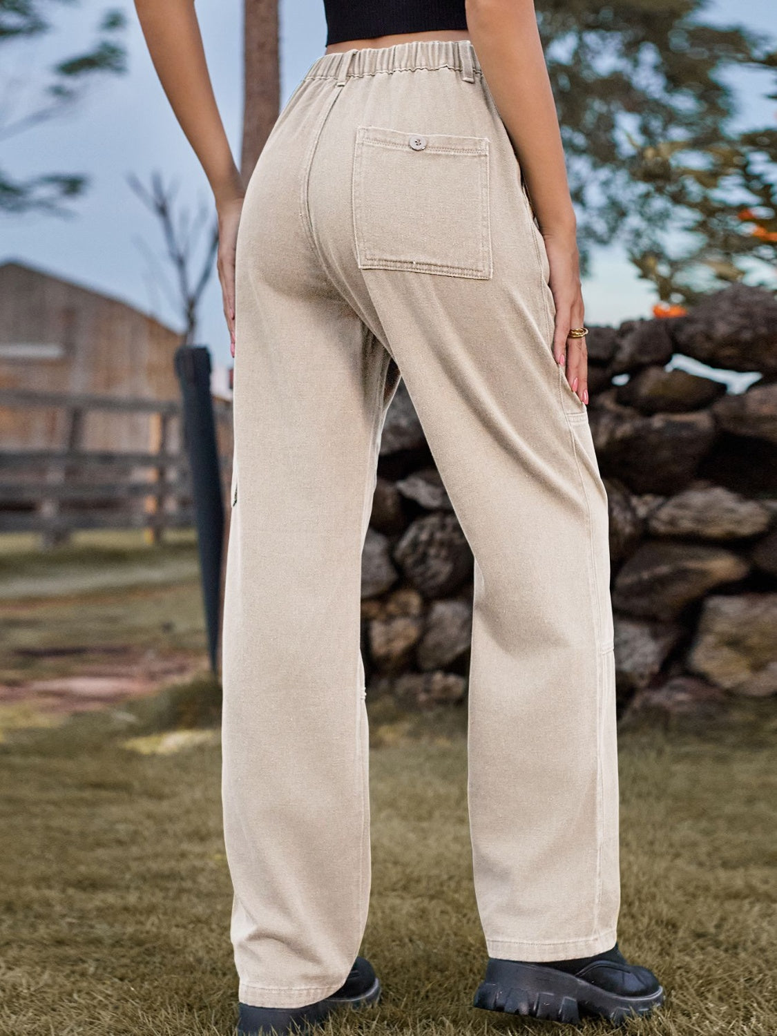 High Waist Cargo Straight Jeans