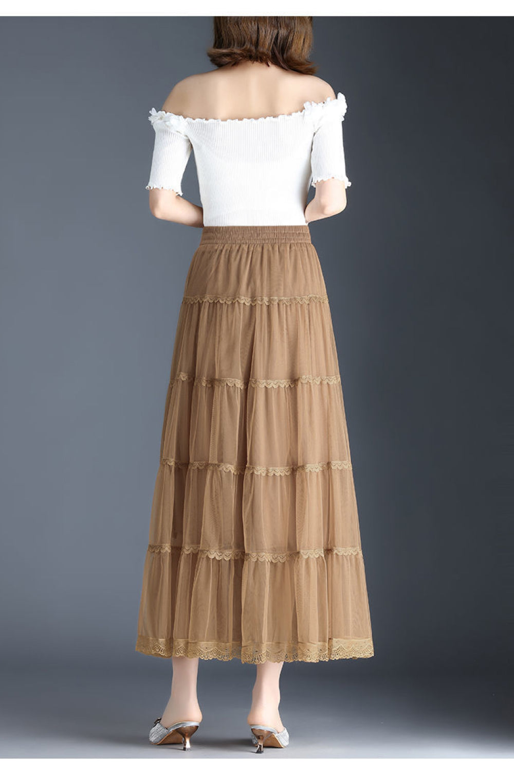 Smocked Lace Trim Midi Skirt