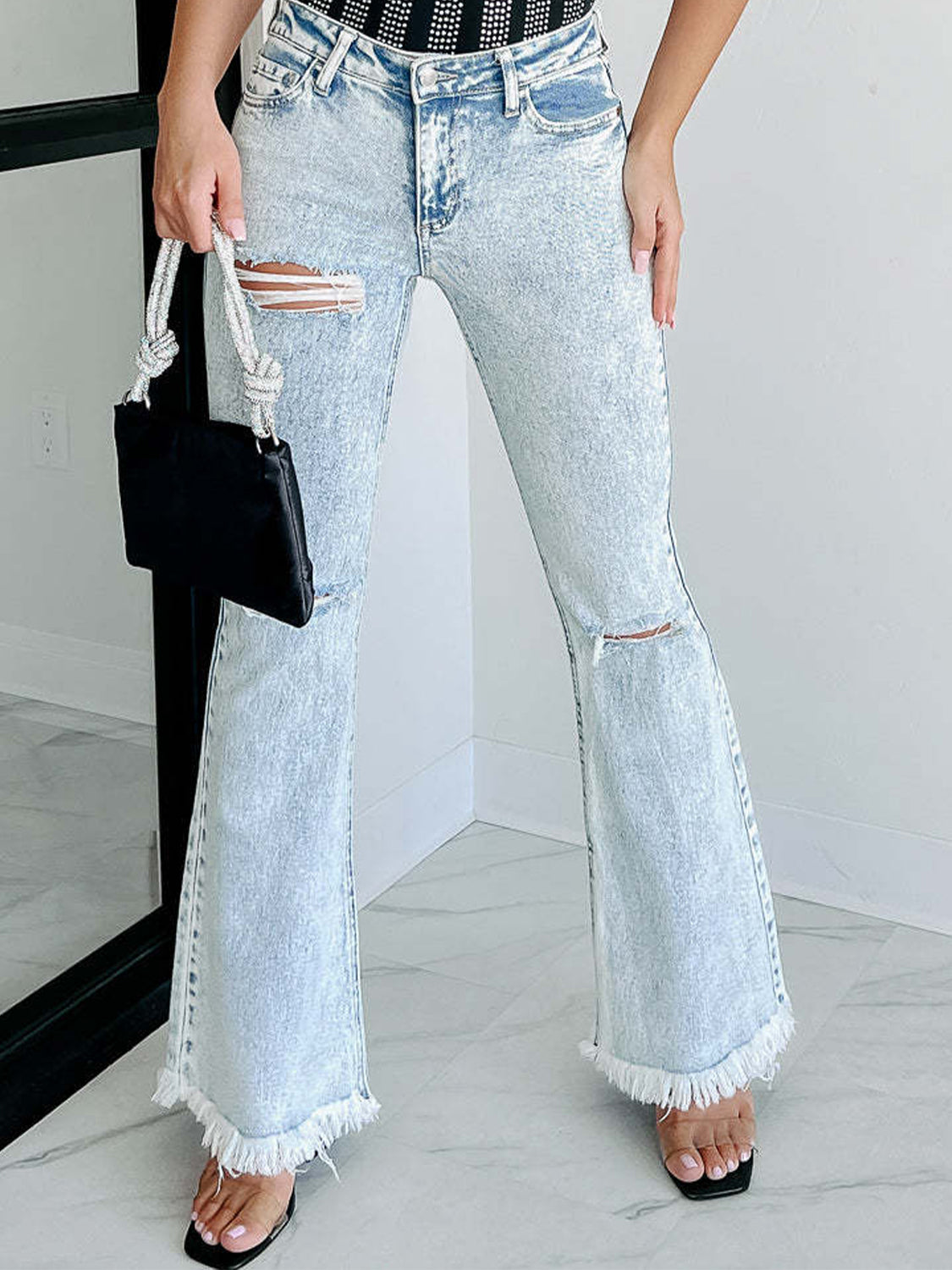 Distressed Raw Hem Flare Jeans