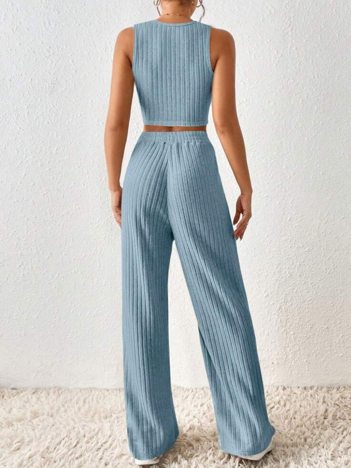 Ribbed Round Neck Tank and Pants Sweater Set