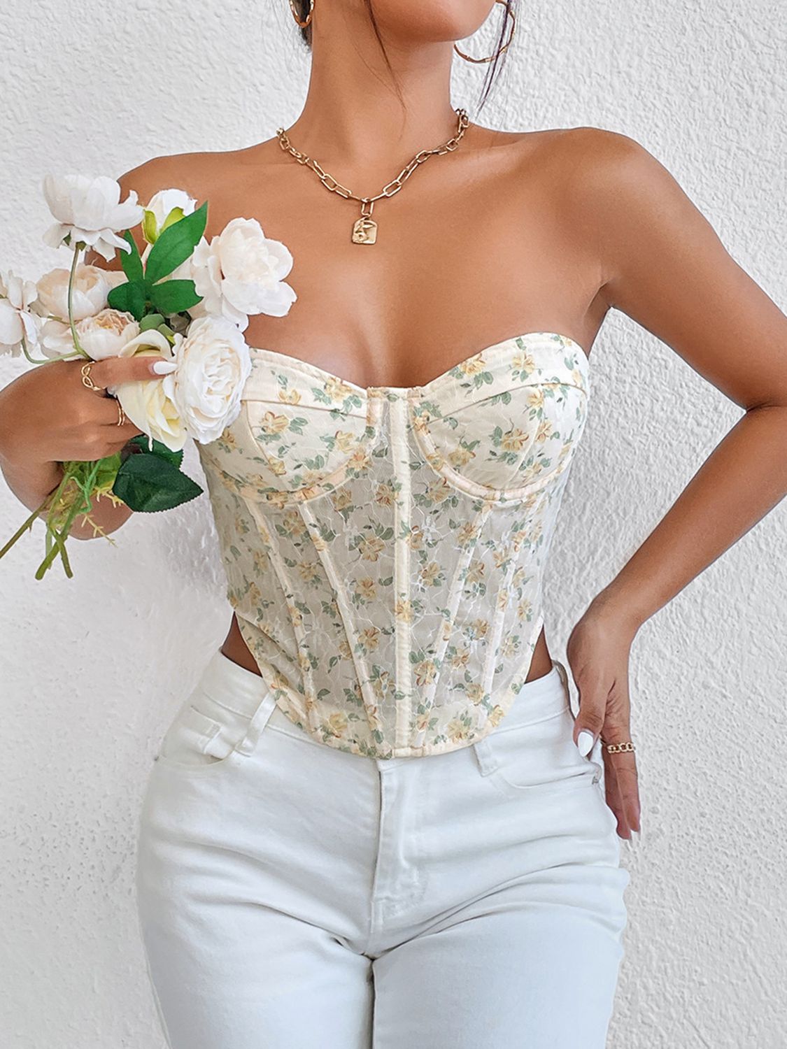 Floral Lace-Up Strapless Bustier