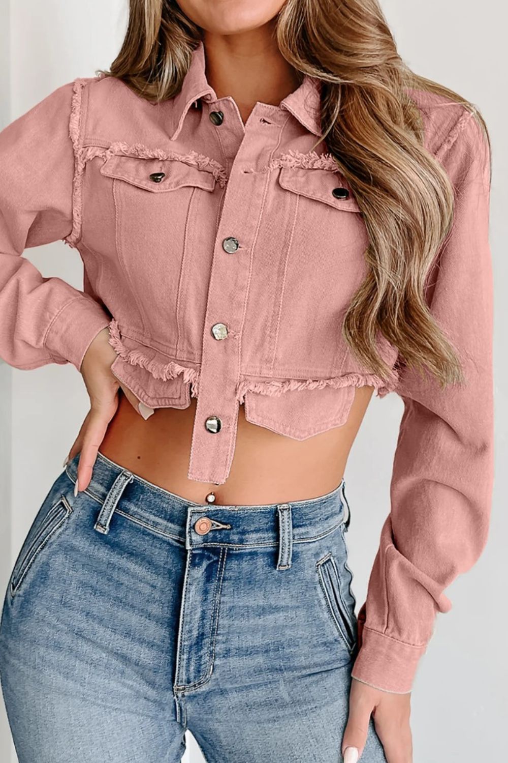 Raw Hem Button Up Cropped Denim Top