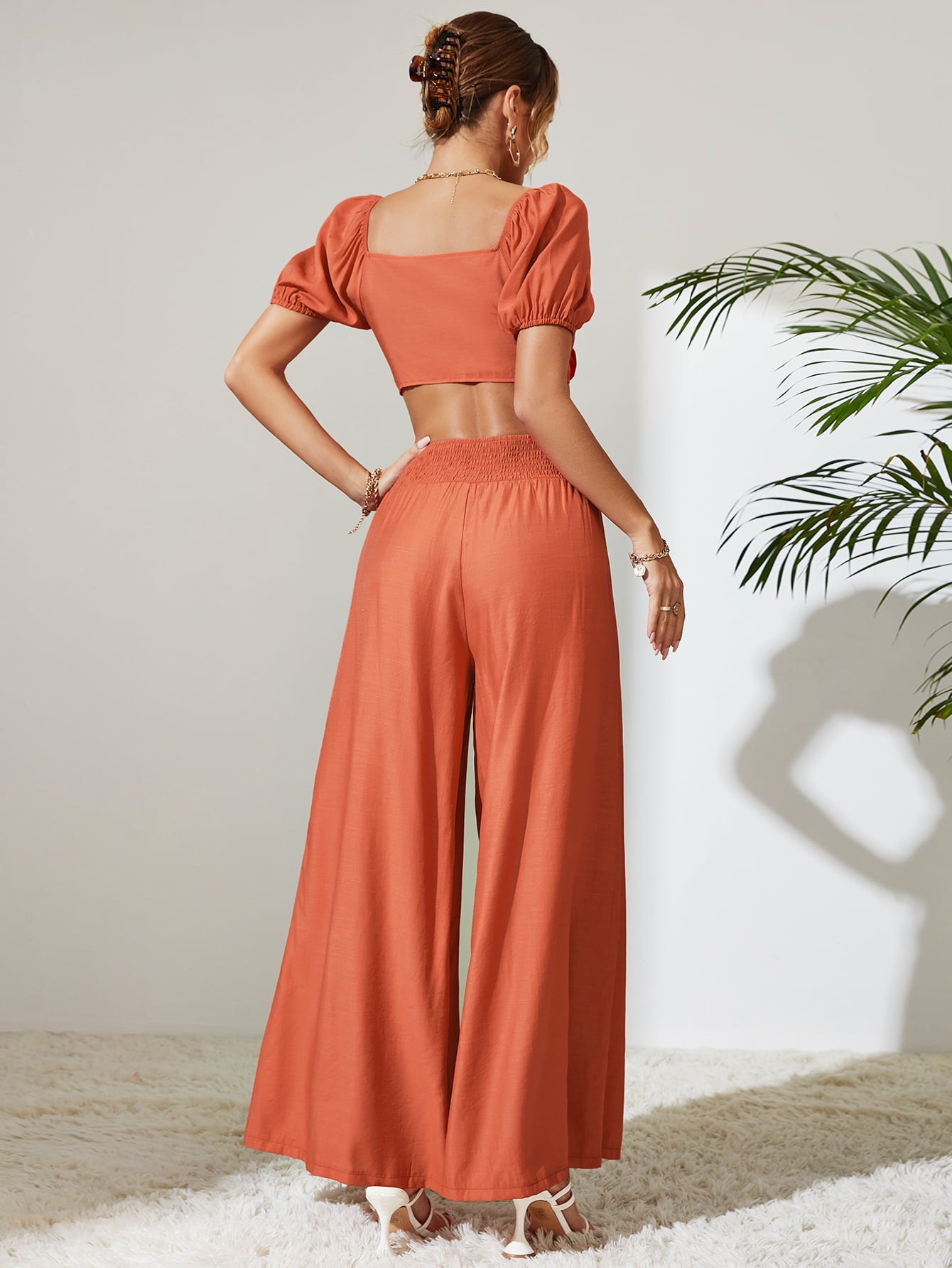 Tie Front Cropped Top and Smocked Wide Leg Pants Set