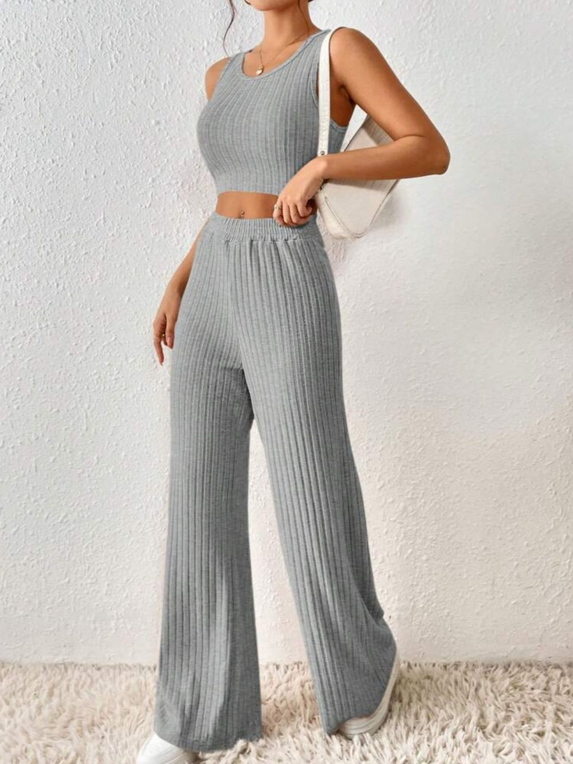 Ribbed Round Neck Tank and Pants Sweater Set